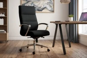 Stylowe, nowoczesne biuro domowe z biurkiem, krzesłem i rośliną