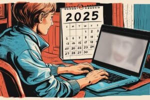 Rewolucyjne zmiany w L4 od 2025 roku. Czy pracownicy zyskają nowe możliwości? Pozioma ilustracja przedstawiająca osobę w domowym zaciszu, pracującą na laptopie, z widocznym w tle kalendarzem z zaznaczonym rokiem 2025.