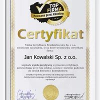 Rewolucja na rynku certyfikatów dla firm Przykładowy certyfikat