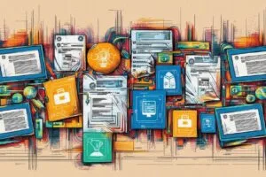 Pozioma ilustracja przedstawiająca elektroniczne dokumenty i cyfrowe symbole, odzwierciedlające elektronizację postępowań administracyjnych. Obrazek nie zawiera żadnych liter ani napisów.